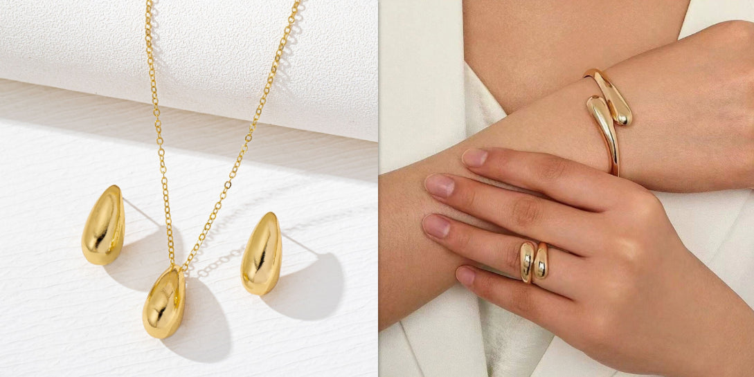 Golden Teardrop-shaped Necklace And Earring Set